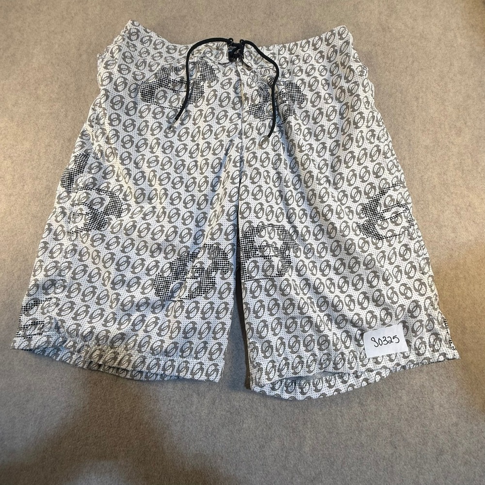 Anchor Blue Mens Board Shorts Size 34 White Grey Monogram Logo Print Swim Trunks